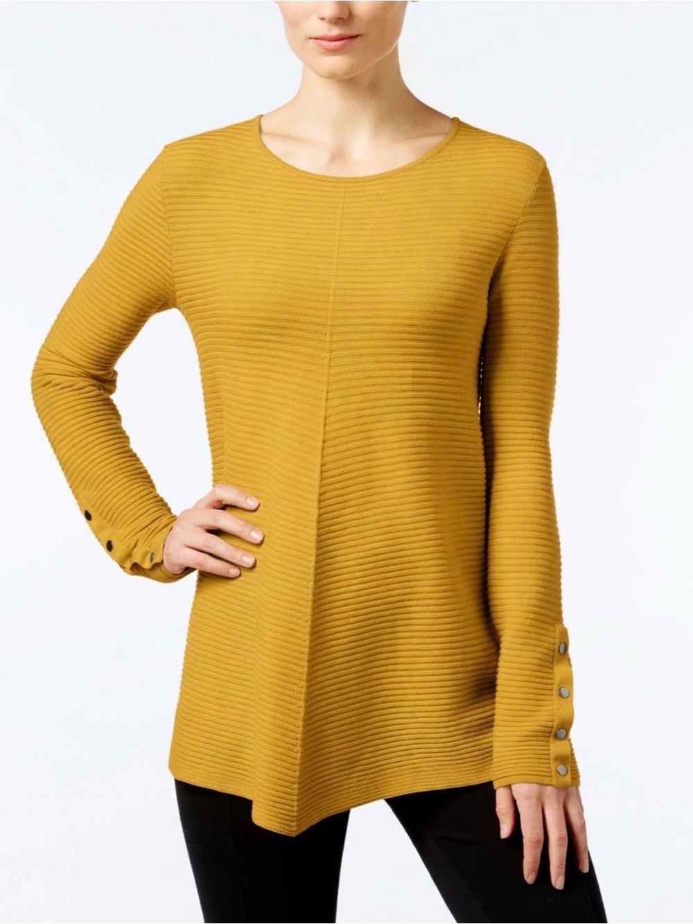 Alfani Mustard Ribbed A-Line Long Sleeve Top